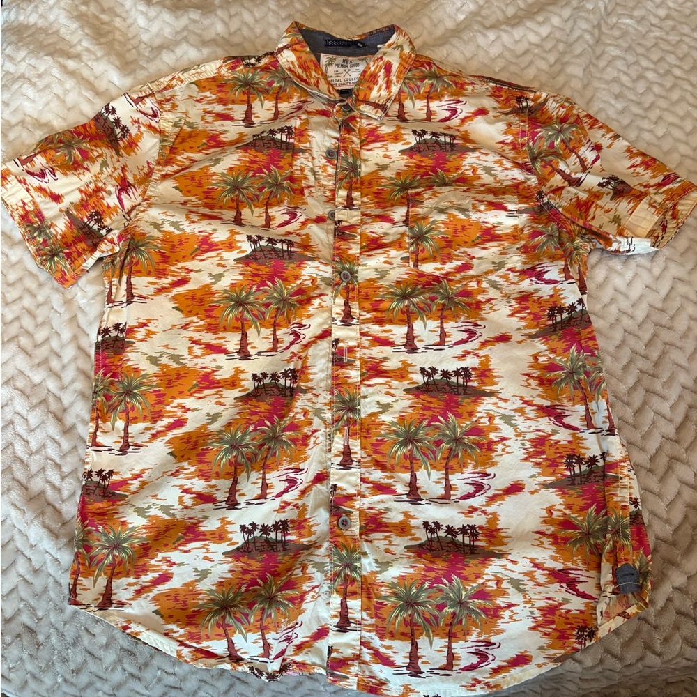 Orange and Yellow Casual Button Down Shirt with Tropical Print